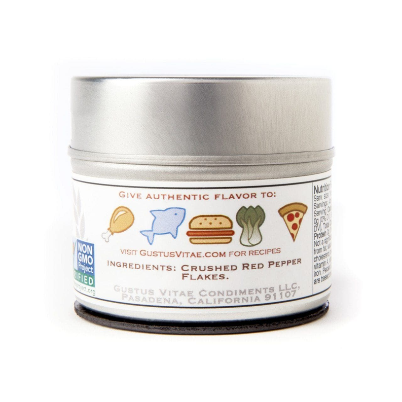 Crushed red pepper flakes tin with front label and ingredient icons