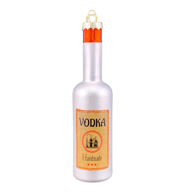 Vodka bottle ornament with gold cap, silver body, and 'VODKA Handmade' label