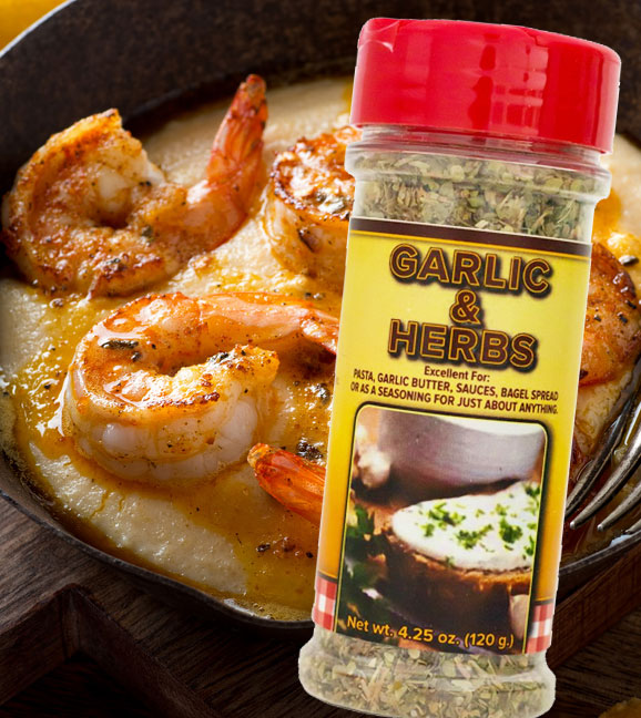 Garlic & Herbs seasoning shaker jar with red lid, clear bottle, yellow label