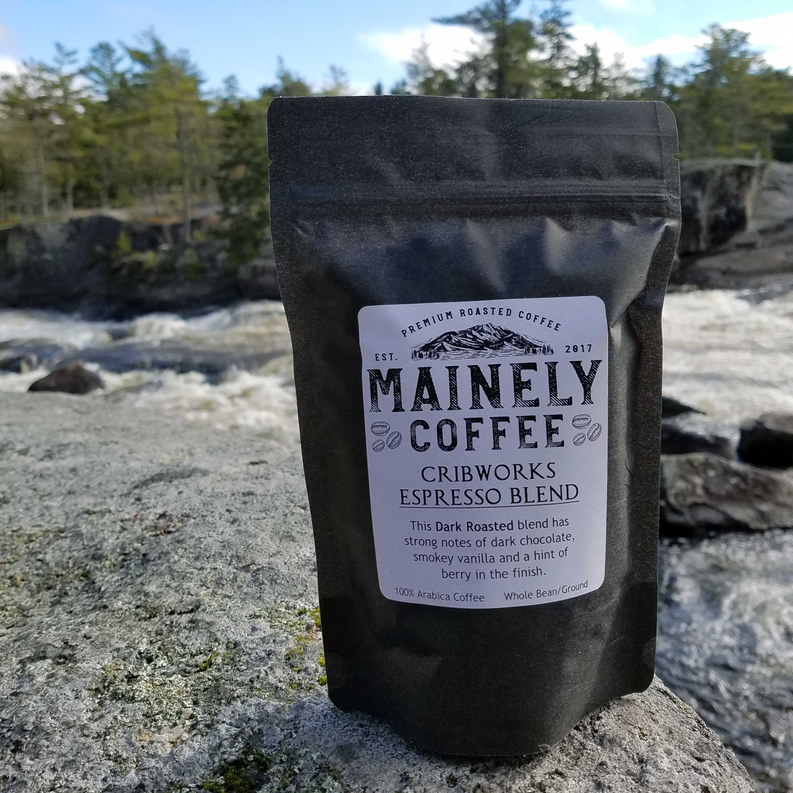 Cribworks Blend coffee bag, dark roast label with Maine Coffee Co branding