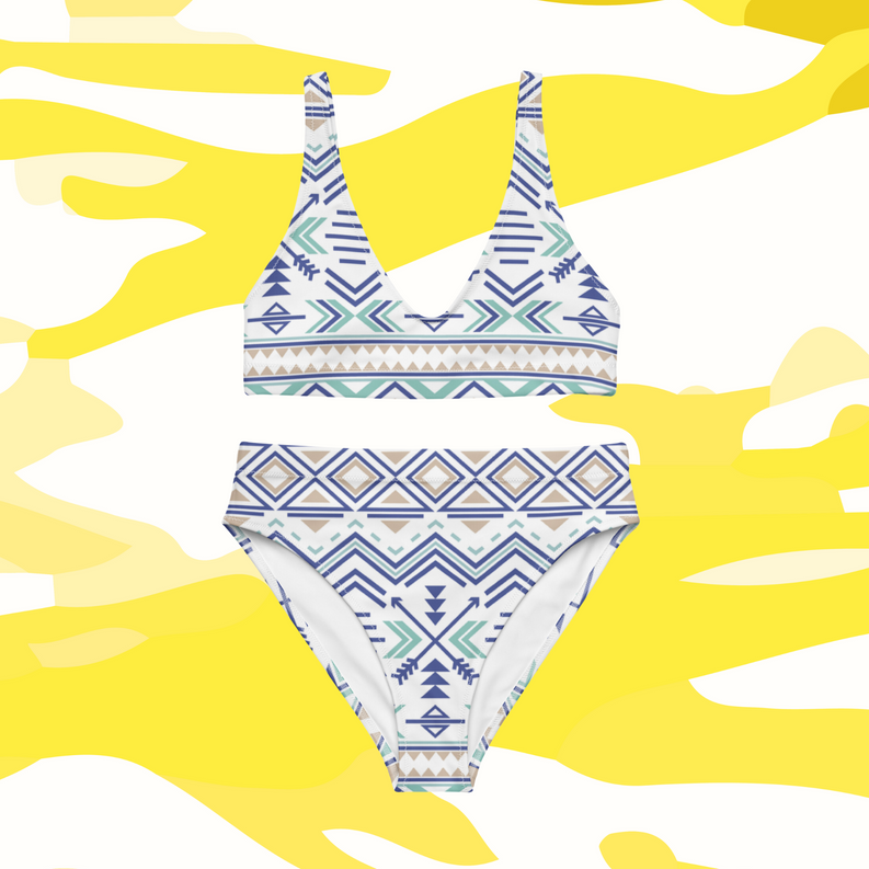 High-waisted bikini with triangle top and Aztec pattern in blue, green, and beige