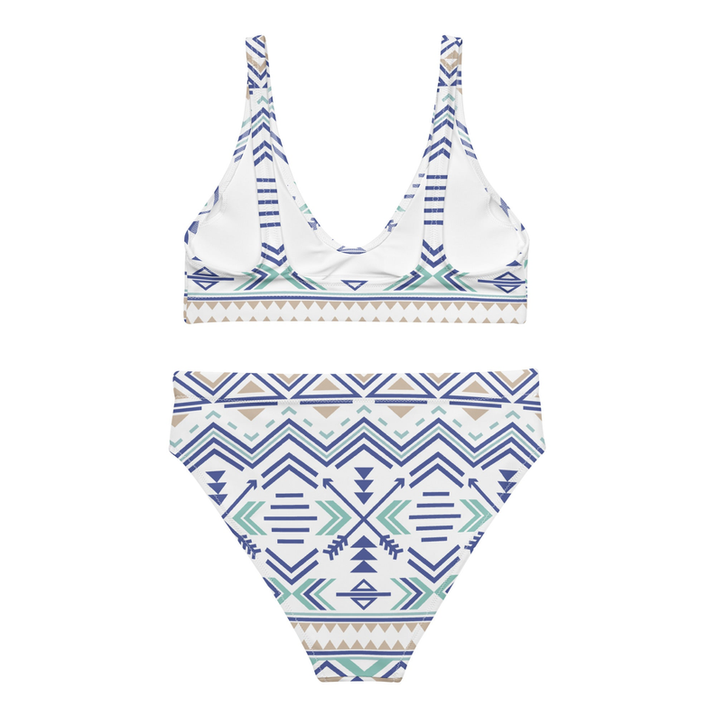 Two-piece bikini set with V-neck triangle top and high-waist bottoms in Aztec pattern