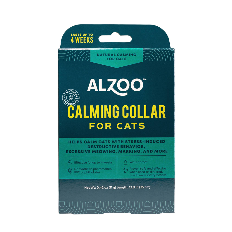 ALZOO plant-based calming collar for cats, teal box with calming collar text