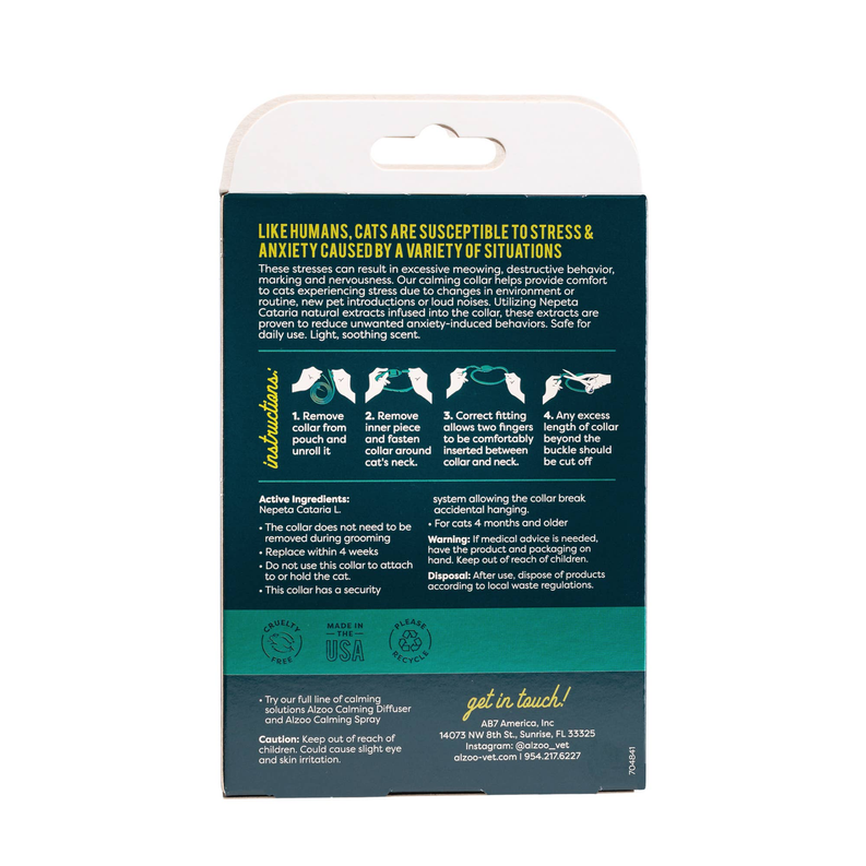 ALZOO plant-based calming collar for cats, back of teal packaging with instructions