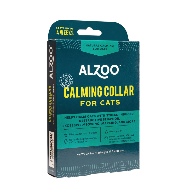 ALZOO plant-based calming collar for cats, teal package with front label and icons