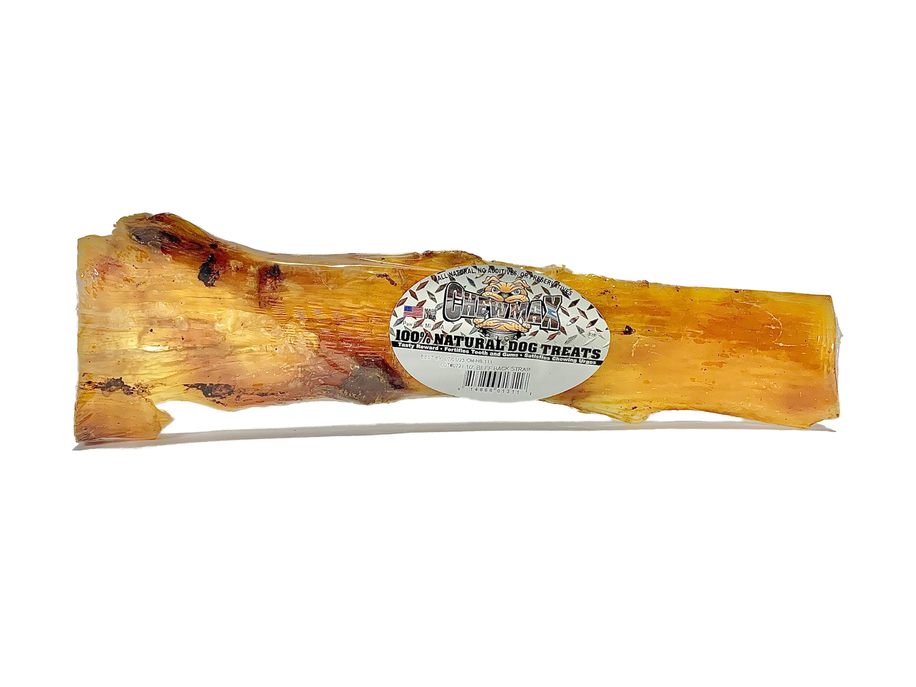 10-inch beef back strap dog bone chew with brand label, tan strip with darker ends
