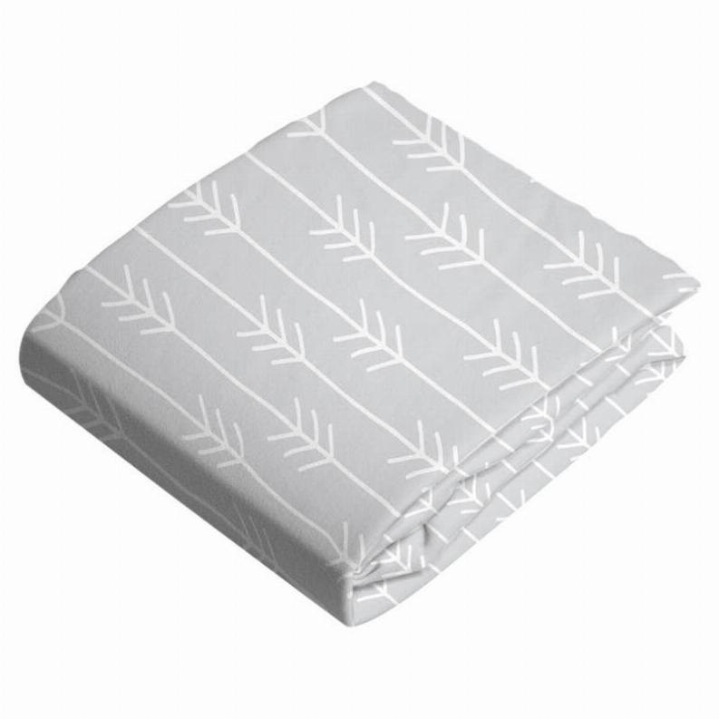 Gray fitted crib sheet with white branch pattern, flannel fabric.