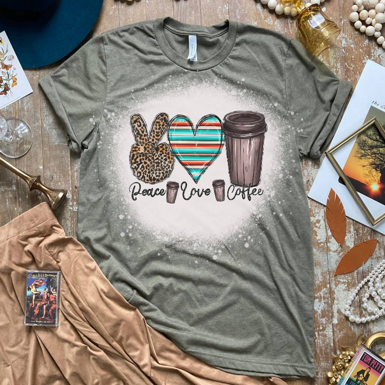 Gray unisex T-shirt with Peace Love Coffee graphic, heart, leopard, and tumbler print