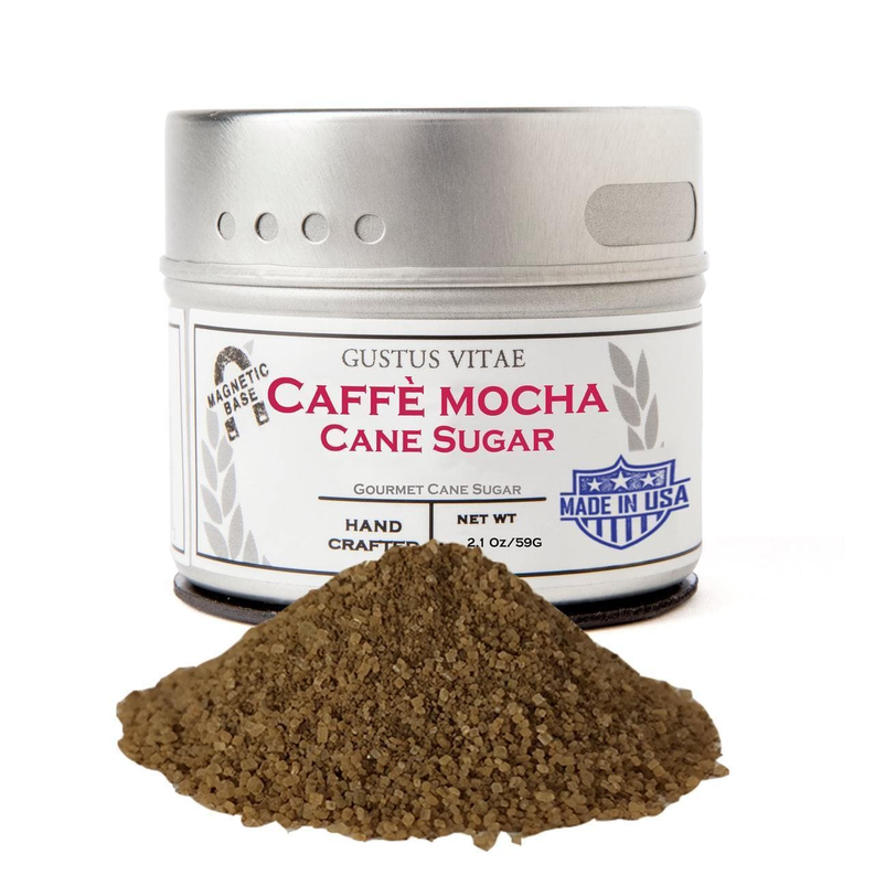 Caff Mocha cane sugar tin with scoop of granules