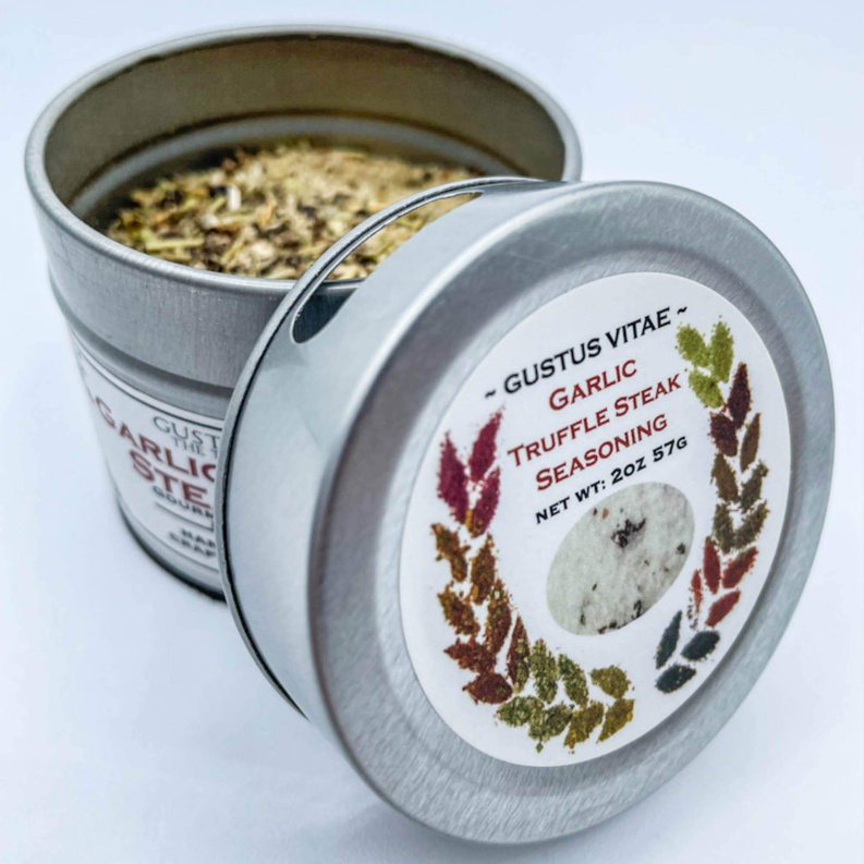 Garlic truffle steak rub seasoning tins, front label and silver metal lids