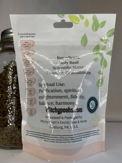 Holy basil herb pouch back with ingredients and scientific name Ocimum gratissimum