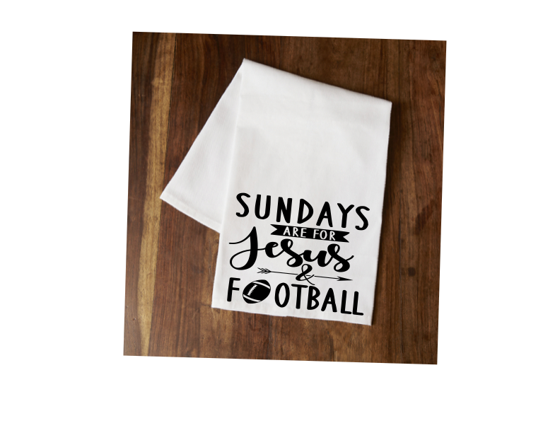 Black-and-white printed tea towel with “Sundays are for Jesus & Football” design