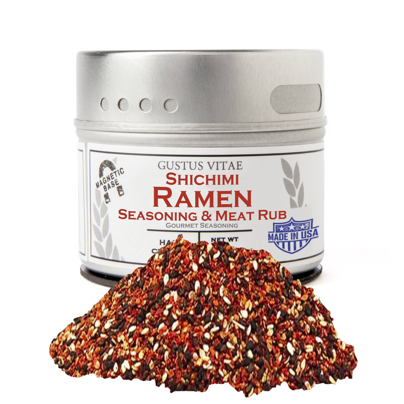 Seasoning & meat rub jar with reddish-brown shichimi ramen spice mound