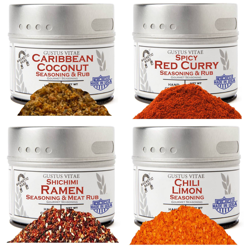 Four seasoning jars with spice rub mounds: coconut, chili lime, shichimi ramen, red curry