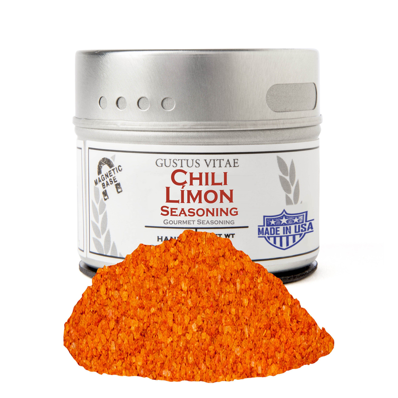 Seasoning jar with orange chili lime seasoning powder mound