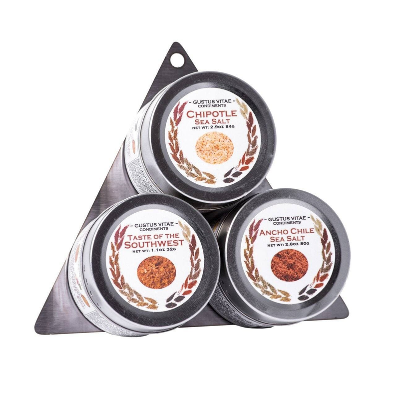 Three spice tins with triangular metal backing pieces