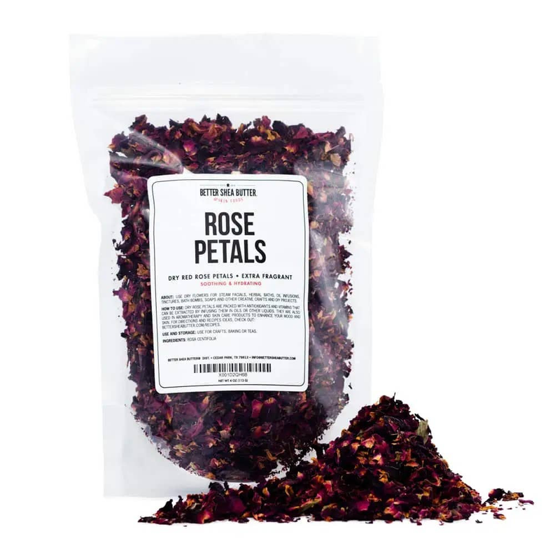 Bag of red rose petals with white product label