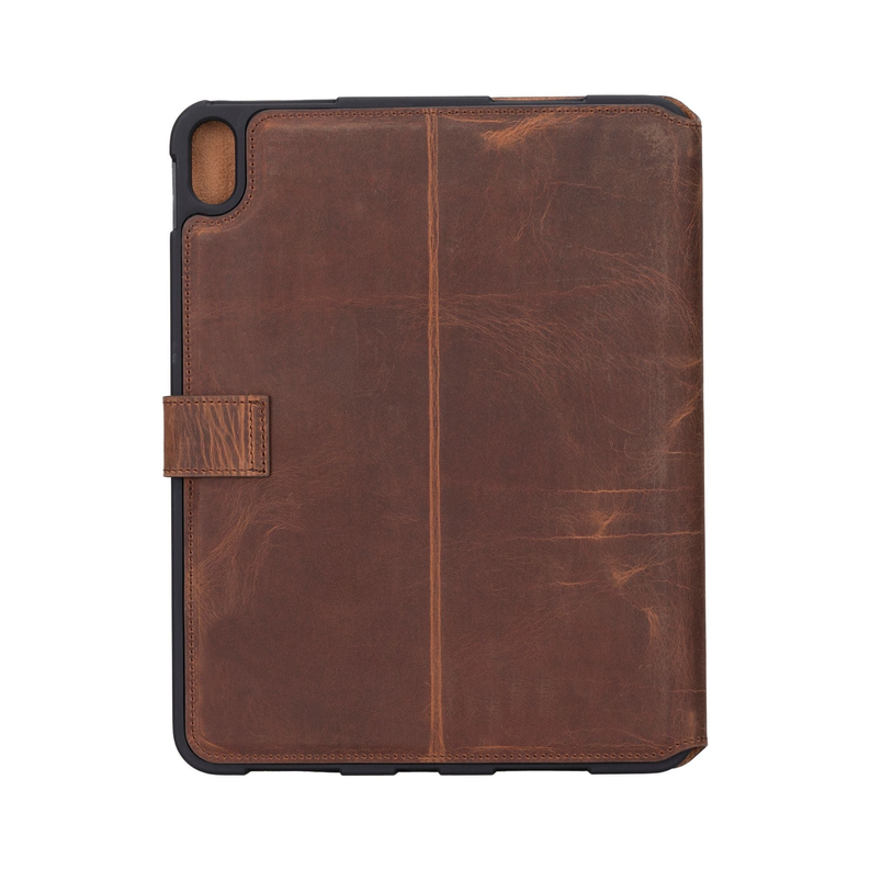 Dark brown leather folio case back with camera cutout and stitched seams.