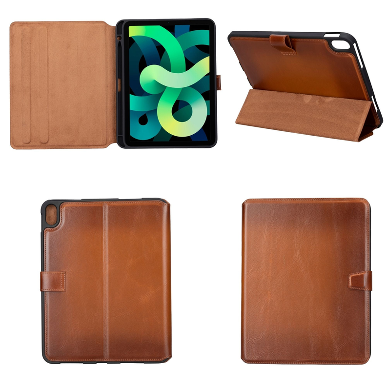 Leather folio case shown in multiple colors with open front and back views.