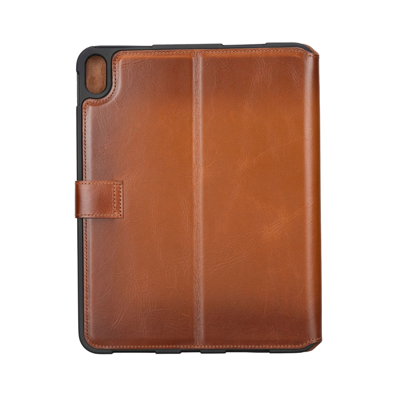 Tan-brown leather folio case back with camera cutout and side strap.