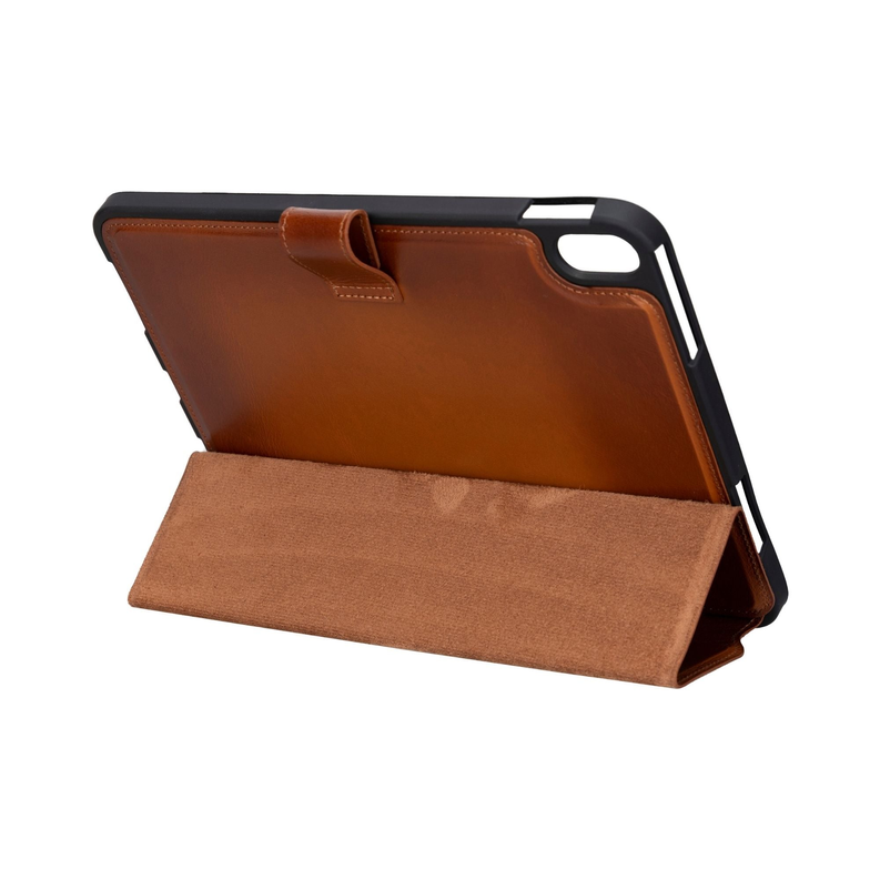 Tan-brown leather folio case open and standing with tablet secured.