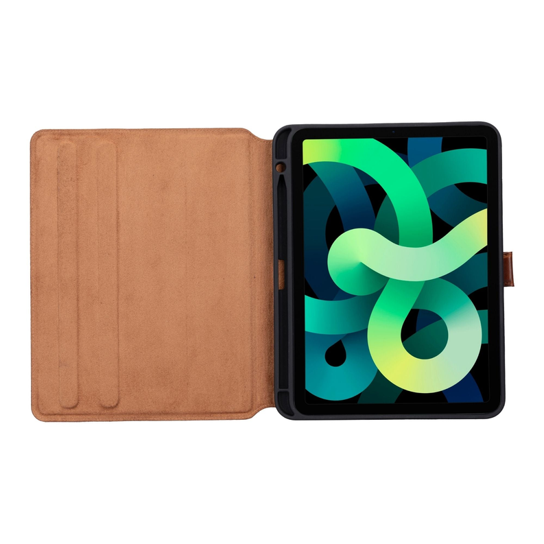 Tan leather folio case open with tablet screen facing forward.