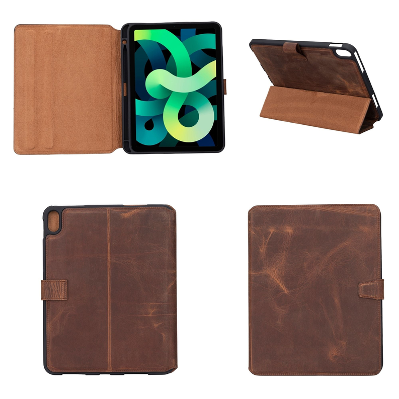 Leather folio case in two tones, shown open and closed from different angles.