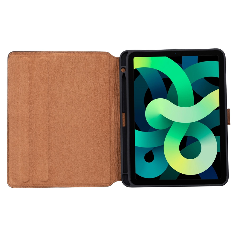 Tan folio leather case open with tablet screen and built-in stand panels.