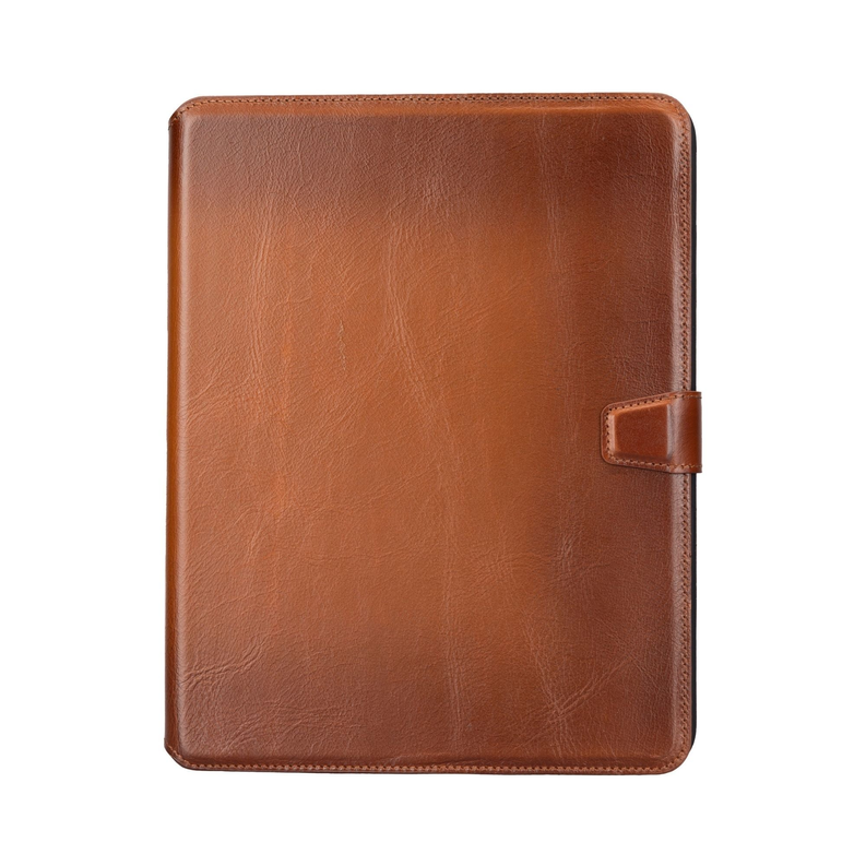 Tan leather folio case for tablet with side strap and stitched edges.