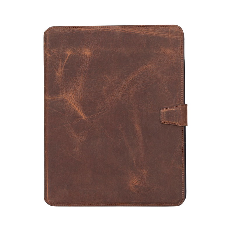 Dark brown leather folio case with side strap and stitched border.