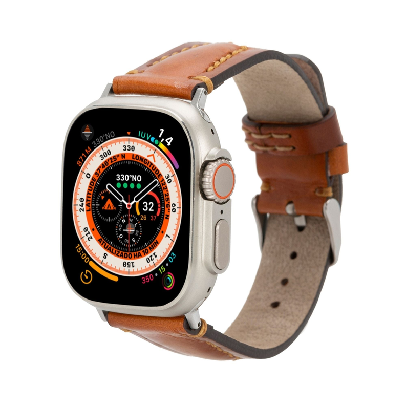 Tan leather Apple Watch band with metal buckle and punched holes, for Ultra/8/SE