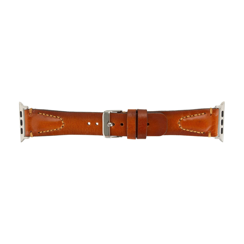 Tan leather Apple Watch band with metal buckle, stitched center panel and end slots