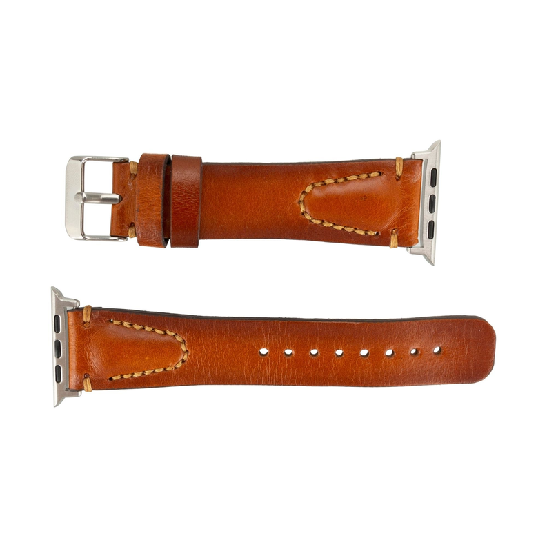 Tan leather Apple Watch band with buckle and stitched tabs, showing two band ends