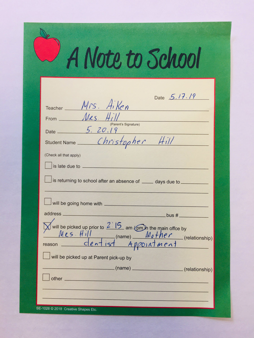 Green school note form with handwritten details and apple icon
