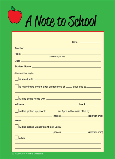 Green school note form with printed lines, checkboxes, and apple icon