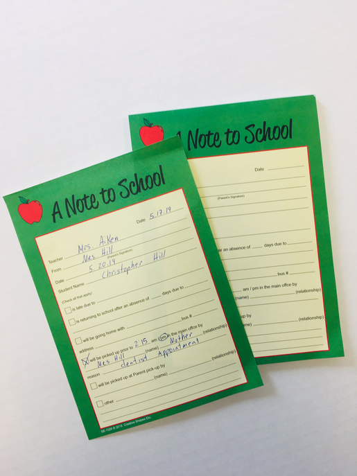 Two green school note forms overlapping, one with handwritten details and apple icon