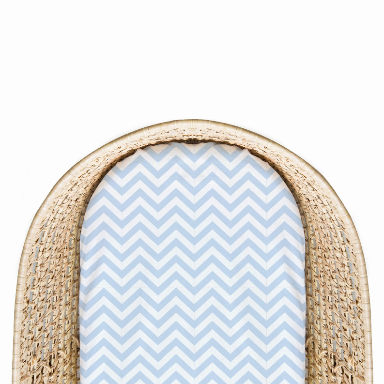 Fitted bassinet sheet, light blue zigzag chevron pattern on white fabric