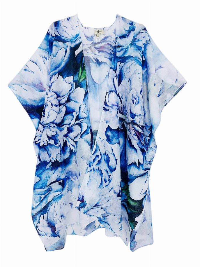 Abstract peony-like kimono in blue and white, loose fit, open front, wide short sleeves