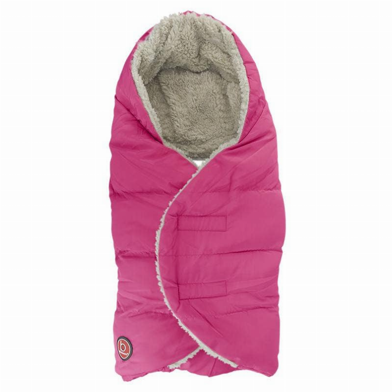 Pink padded hooded sleeping bag with gray sherpa lining and front flap
