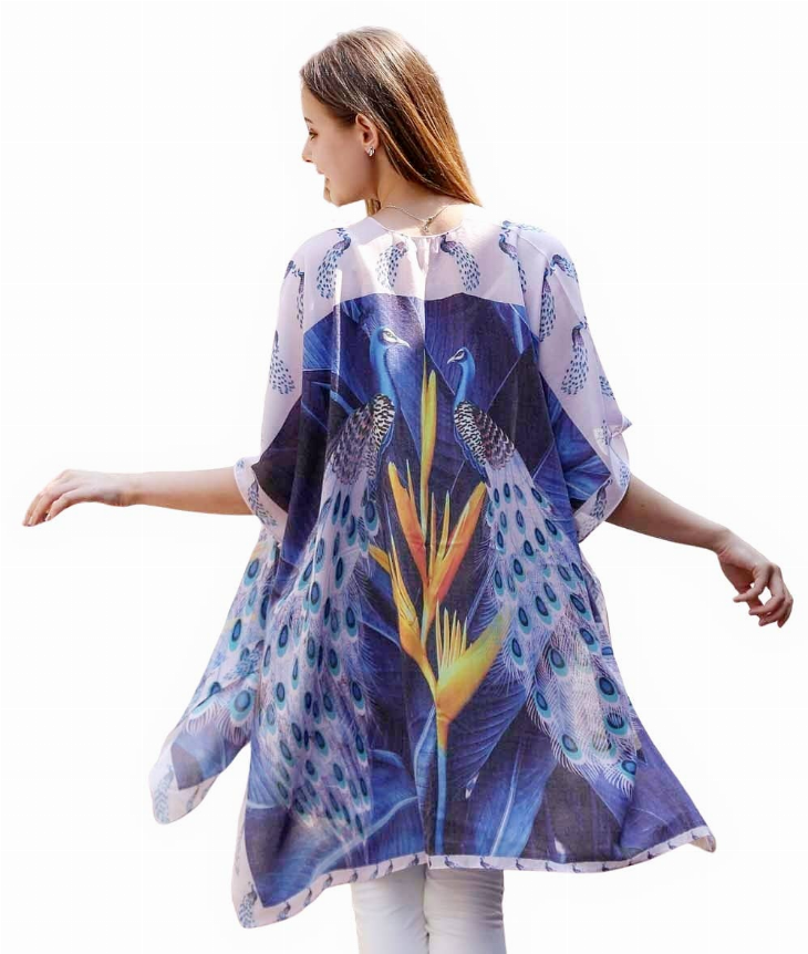 Cotton kimono in blue with peacock motif and open back, flowing wide sleeves