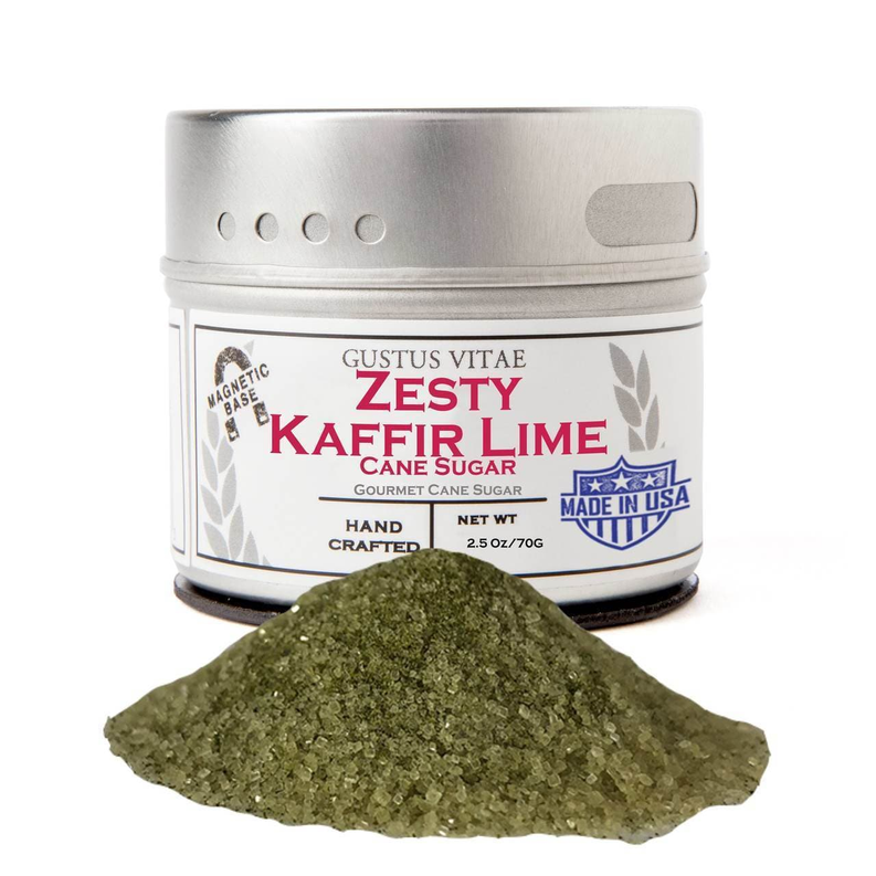 Zesty kaffir lime cane sugar tin with green sugar pile