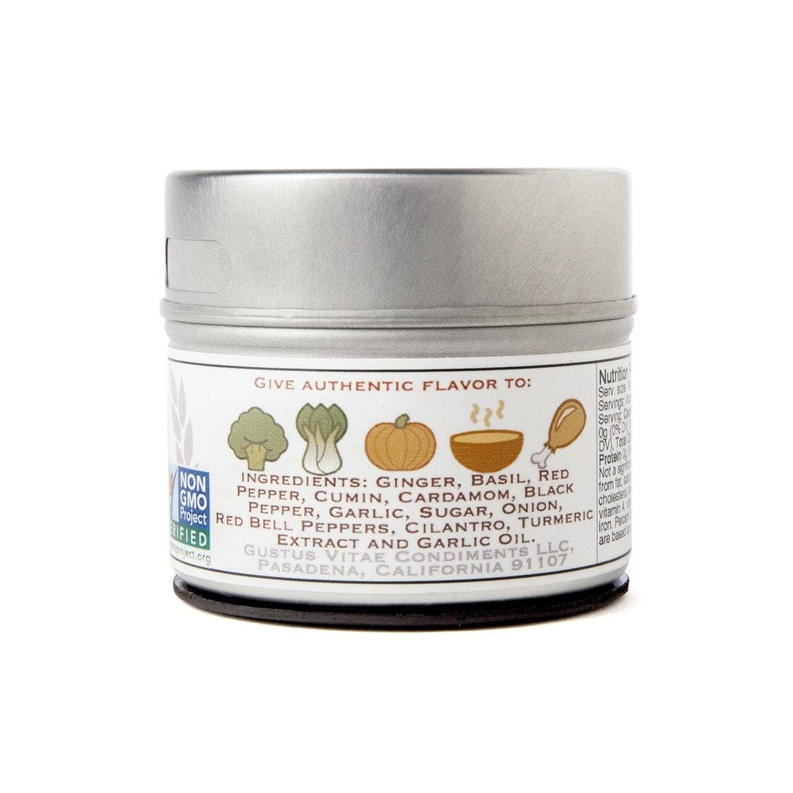 Seasoning tin back panel with ingredient list and small nutritional info text