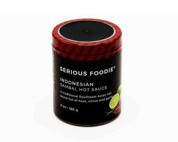 Indonesian sambal hot sauce jar with black label and red striped lid, 6 oz (186 g)