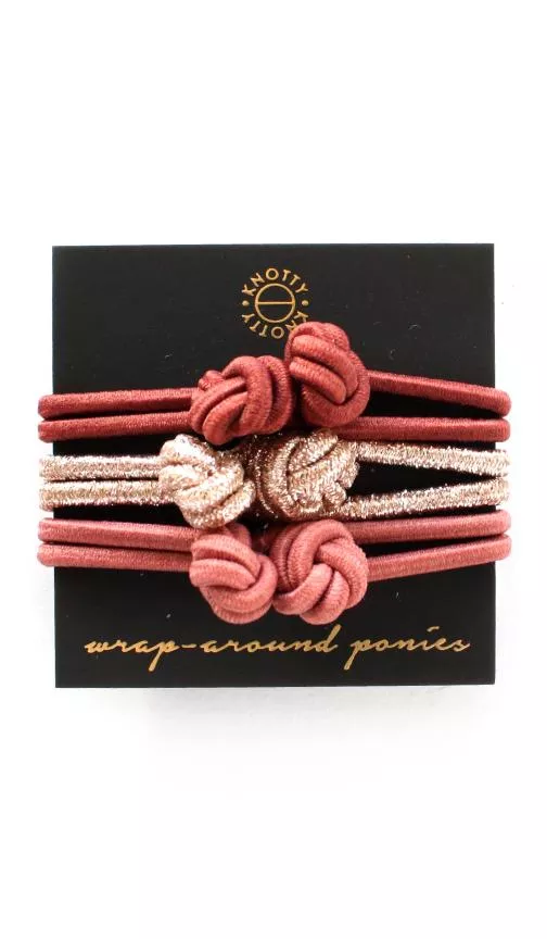 Set of 3 wrap-around hair ponies: coral and blush scrunchies with gold glitter
