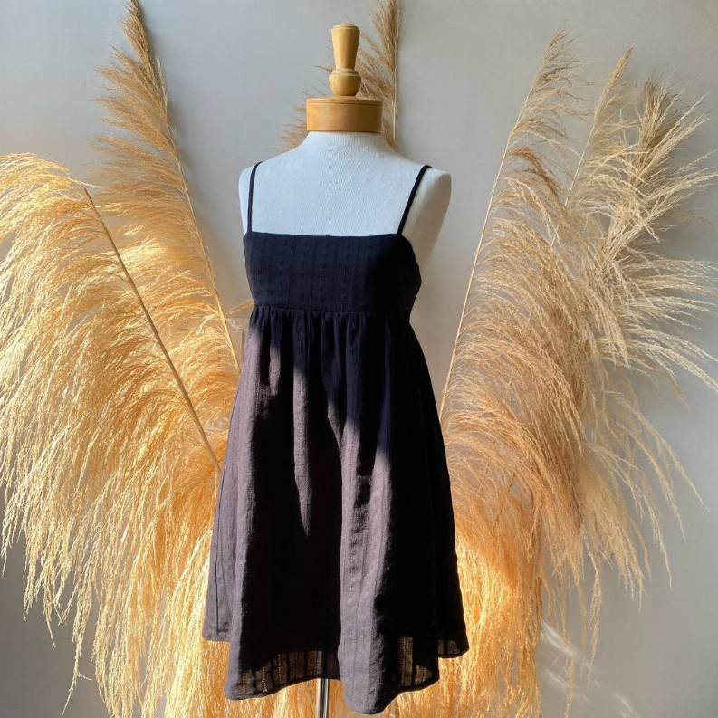 BLAIR sleeveless babydoll dress with square neckline and gathered, flared skirt