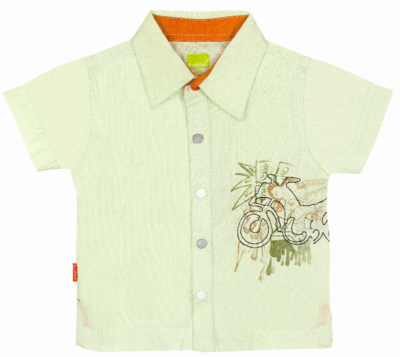 Light green baby short-sleeve button-up shirt with front buttons and graphic chest print