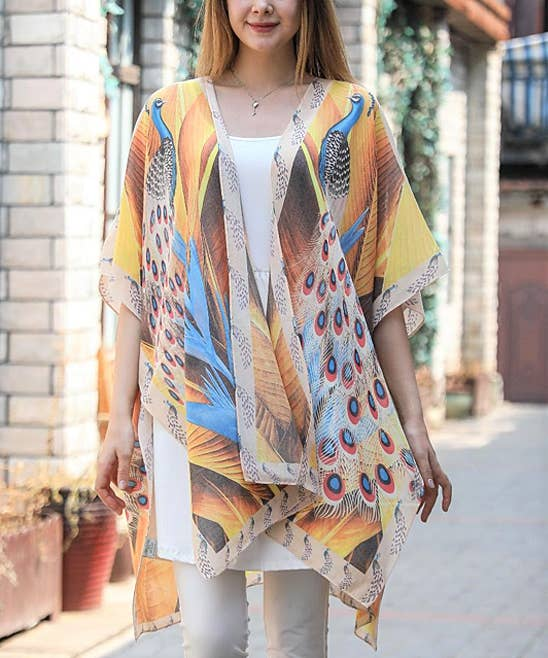 Cotton kimono in multicolor abstract print, open front and loose draped fit