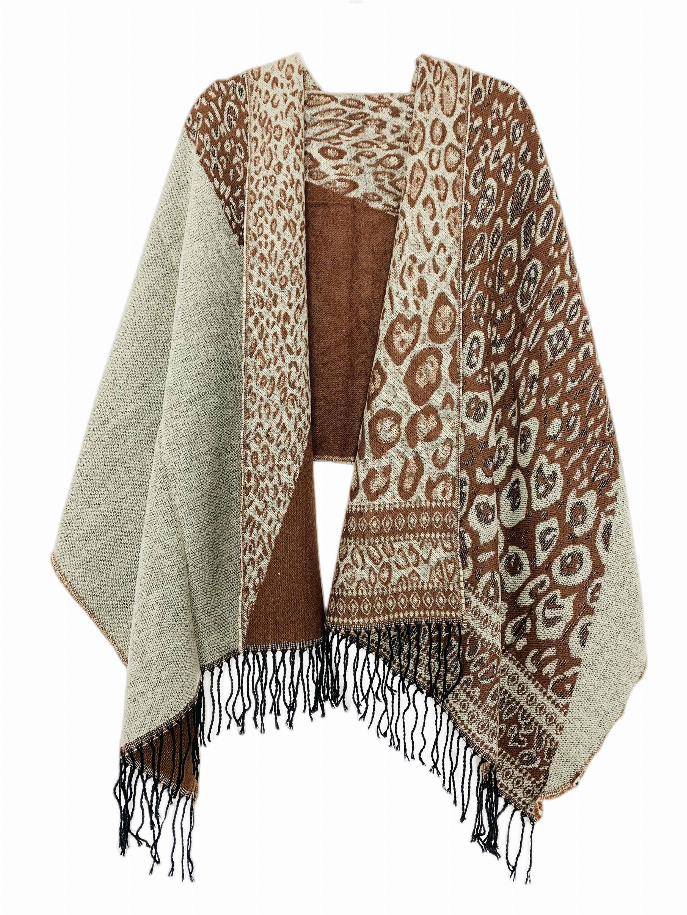 Leopard blanket scarf featuring brown-beige animal print, patterned border, and black tassel fringe.
