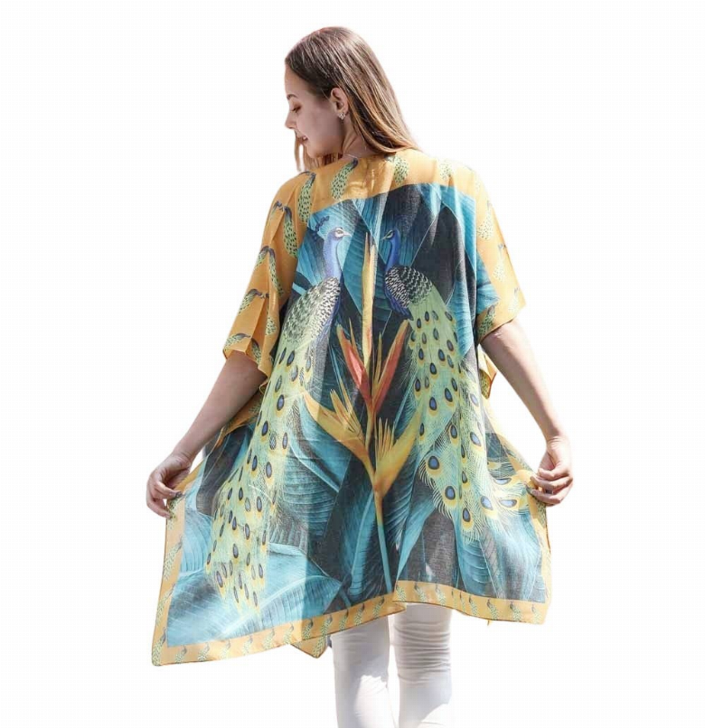 100% cotton kimono with blue bird feather print, swing hem, wide sleeves