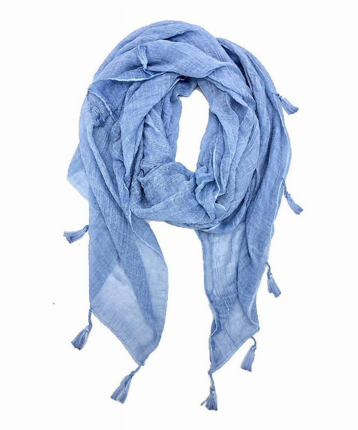 Light blue solid tassel-trim scarf, folded with ends hanging down